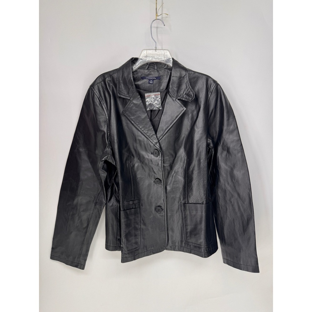 Chadwicks Blazer Women 16 Black EUC Genuine Leather 3-Button Patch Pocket Jacket